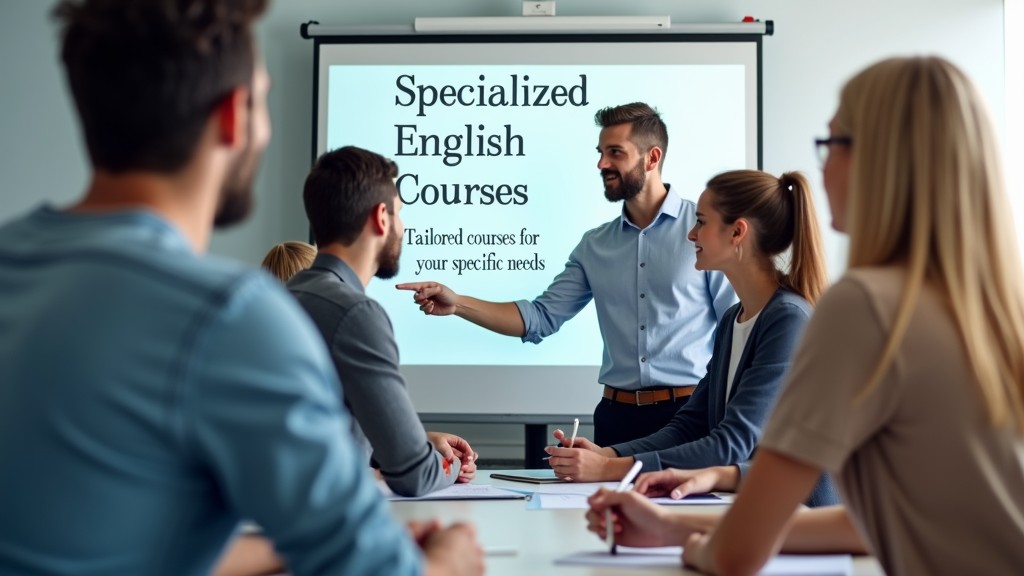 Specialized English Courses "Tailored courses for your specific needs." Learn English for your profession or specific goals. We offer personalized courses like English for accounting, healthcare, and more.